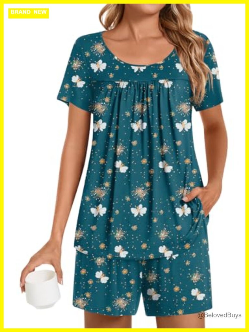 Women's 2 Piece Short Sleeve Pleated Scoop Neck Pajama Lounge Set with Pockets